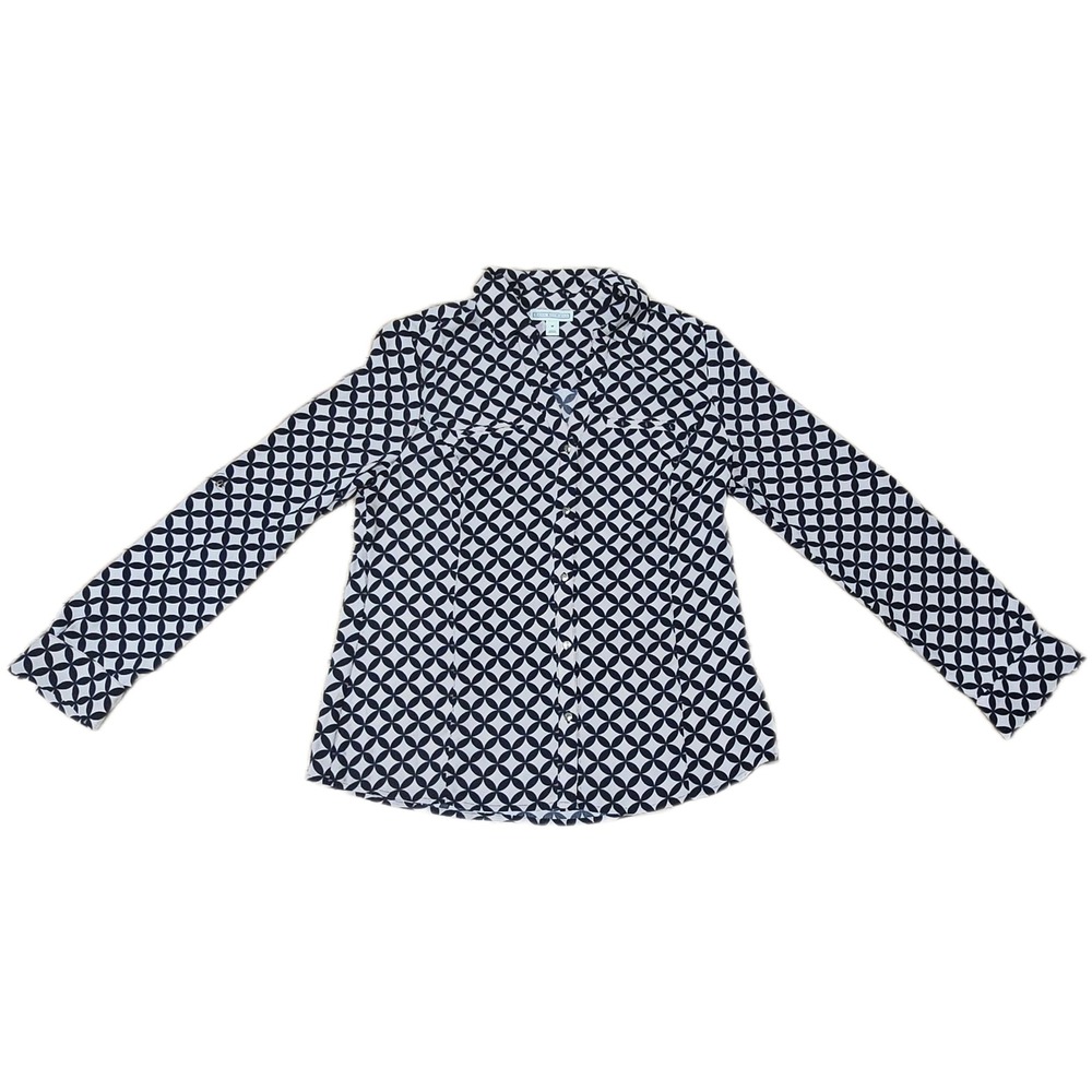 Dana‎ Buchman Womens Black Cream Geometric Medallion Roll Tab Button Up Blouse M